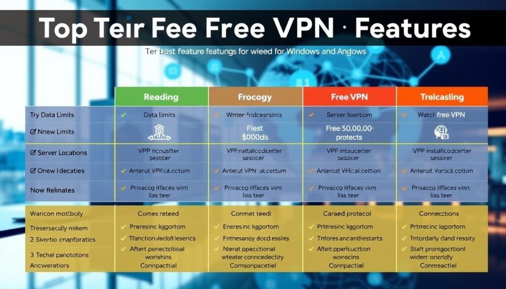 A vibrant and informative comparison of the top free VPN features, set against a sleek, modern background. In the foreground, a grid-like arrangement showcases the key capabilities of leading free VPN services, including data limits, server locations, connection speeds, and security protocols. The middle ground features stylized icons and visual cues to highlight the unique strengths of each VPN option. In the background, a softly blurred cityscape or network diagram sets the scene, conveying the global connectivity and privacy enabled by these free VPN tools. The overall aesthetic is clean, crisp, and designed to clearly illustrate the differentiating features of the best free VPN software for Windows and Android users.