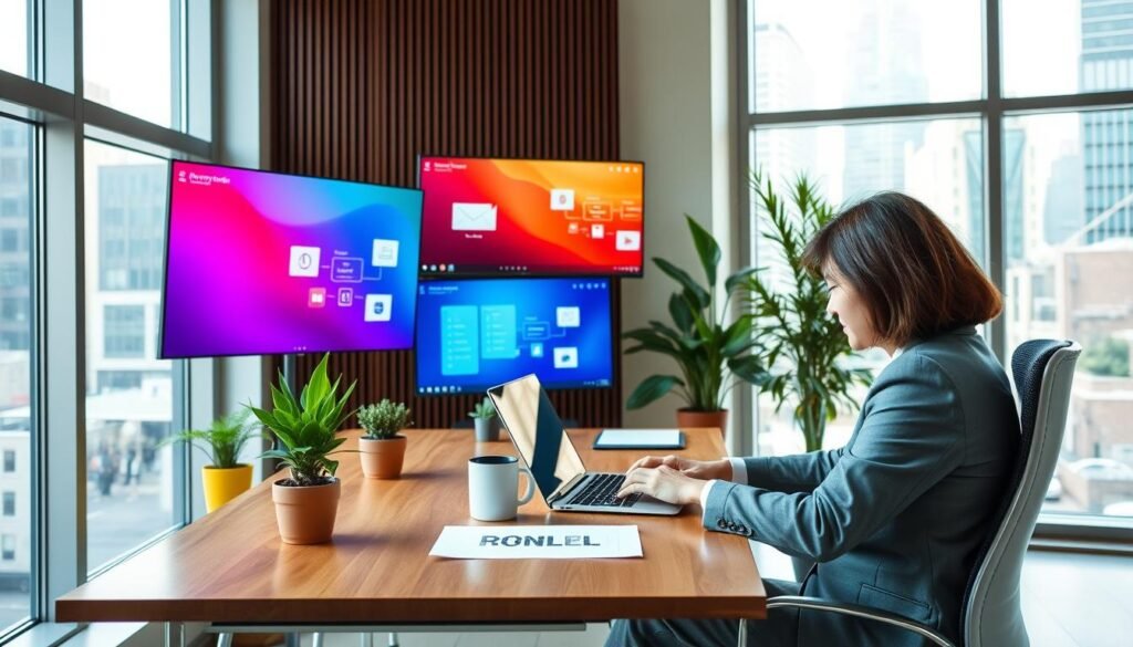 A vibrant and inviting workspace showcasing the everyday functions of software in daily life. In the foreground, a person dressed in professional business attire sits at a sleek wooden desk, intently using a laptop. The middle layer features colorful screens displaying various user-friendly software interfaces, emphasizing easy navigation and intuitive design. Potted plants and a coffee mug add warmth to the scene. In the background, large windows let in natural light, illuminating a bustling cityscape, reinforcing the connection between technology and urban life. The overall mood is productive and positive, reflecting the ease and efficiency provided by modern software solutions.