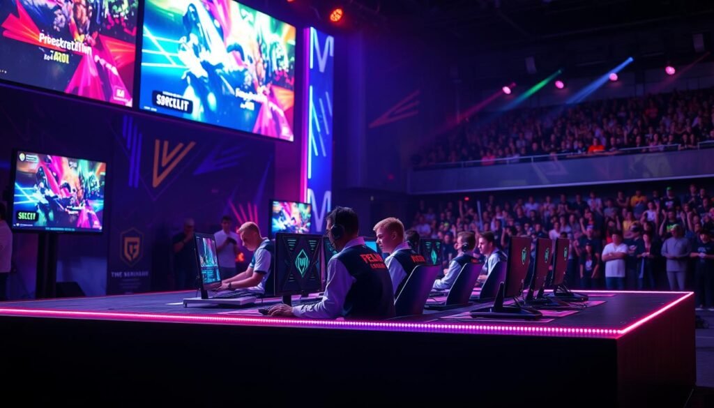 A vibrant e-sports tournament platform set against a dynamic backdrop. In the foreground, a sleek stage with bright LED screens displaying game graphics and live feeds of players competing intensely. The middle ground features a diverse group of professional gamers, focused and dressed in modern, stylish team uniforms, engaging with their PCs, surrounded by high-tech gaming equipment and colorful LED lights creating an electrifying atmosphere. In the background, an enthusiastic audience of fans cheering, with colorful banners representing different teams. The scene is illuminated by moody, dynamic lighting and captured from a slightly elevated angle to showcase the excitement and energy of the event, emphasizing the competitiveness and camaraderie of e-sports.