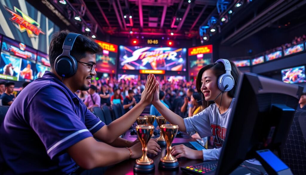 A vibrant esports gaming scene showcasing the positive benefits of playing video games. In the foreground, two diverse young adults, one male and one female, are engaged in a friendly battle, fully focused on their screens, dressed in professional gaming attire. The middle ground features colorful gaming peripherals like headsets and controllers, surrounded by trophies and teamwork elements like high-fives. In the background, a dynamic esports arena is filled with cheering fans and colorful LED screens displaying graphics from popular games like Tekken 8 and Street Fighter 6. The atmosphere is energetic and lively, highlighted by bright stage lighting. Use a wide-angle lens to capture the excitement and connection in the room, creating a sense of community and enthusiasm for esports gaming.