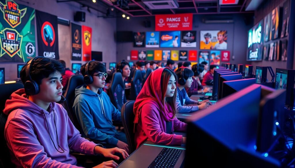 A vibrant esports internet cafe scene showing young gamers immersed in competitive play. In the foreground, a diverse group of focused individuals, including two male and two female players in modest casual clothing, sit at sleek gaming desks surrounded by high-end PCs and neon LED lighting. The middle ground displays additional gamers engaging in teamwork, collaboration, or strategy discussions. The background features colorful banners showcasing popular esports teams and a wall adorned with gaming memorabilia. Soft, dynamic lighting creates an energetic and inspiring atmosphere, highlighting the potential of esports talent flourishing in this unique environment. The scene captures a sense of community, excitement, and dedication among aspiring gamers in a modern warnet setting.