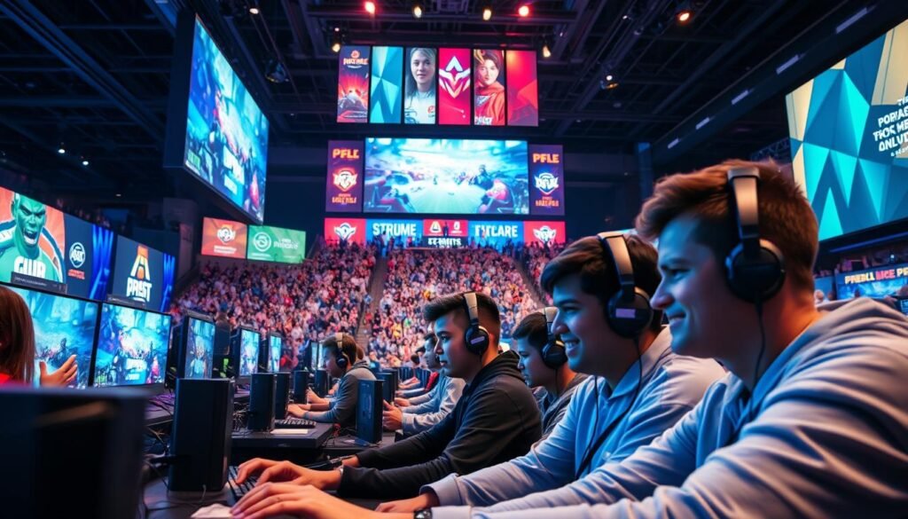 A vibrant esports tournament scene showcasing the evolution of competitive gaming. In the foreground, a diverse group of focused gamers in professional attire interact with their high-end gaming setups, their expressions conveying determination and excitement. In the middle ground, large screens display thrilling gameplay, with an enthusiastic crowd cheering, illustrating the energy of the event. The background features a sleek, modern esports arena filled with dynamic lighting and colorful banners highlighting various games. The overall atmosphere is electric, capturing the journey from humble internet cafes to a booming global esports phenomenon. Use dramatic lighting to highlight players' faces, and employ a wide-angle lens to encompass the energetic crowd and immersive environment.