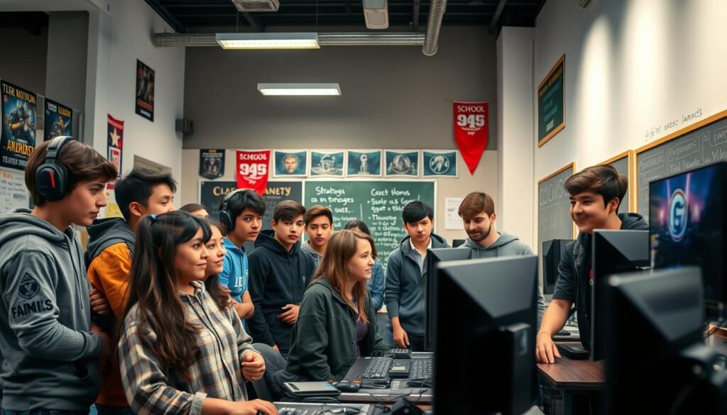 A vibrant scene depicting a school esports team preparing for a tournament. In the foreground, a group of diverse students, dressed in modest casual clothing, gather around a large computer setup, focusing intently on their screens. A coach stands nearby, offering guidance and encouragement with an enthusiastic expression. In the middle ground, gaming posters and school banners decorate the walls, reflecting a competitive yet supportive atmosphere. In the background, soft lighting highlights a chalkboard with strategies and notes about teamwork. The overall mood is energetic and collaborative, emphasizing determination and camaraderie among the young gamers, captured with a slightly tilted angle for a dynamic perspective.