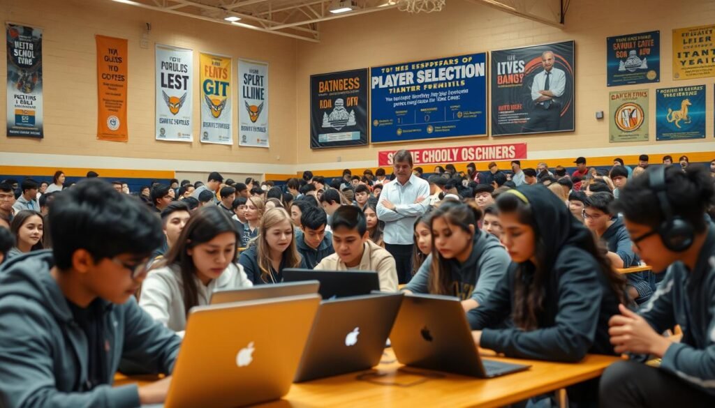 A vibrant school gymnasium filled with enthusiastic students participating in an esports player selection event. In the foreground, a diverse group of high school students, dressed in smart casual clothing, are intensely focused on their gaming laptops, demonstrating skills and teamwork. The middle ground showcases a coach observing the players, taking notes, and discussing strategies with another teacher, reflecting a collaborative atmosphere. In the background, banners highlighting different esports events and posters promoting teamwork and sportsmanship adorn the walls. The lighting is bright, enhancing the excitement of the event, while a slight lens blur captures the energy of the gathering, conveying a sense of competition and camaraderie. The overall mood is dynamic and uplifting, emphasizing the importance of strategic player selection in school esports teams.