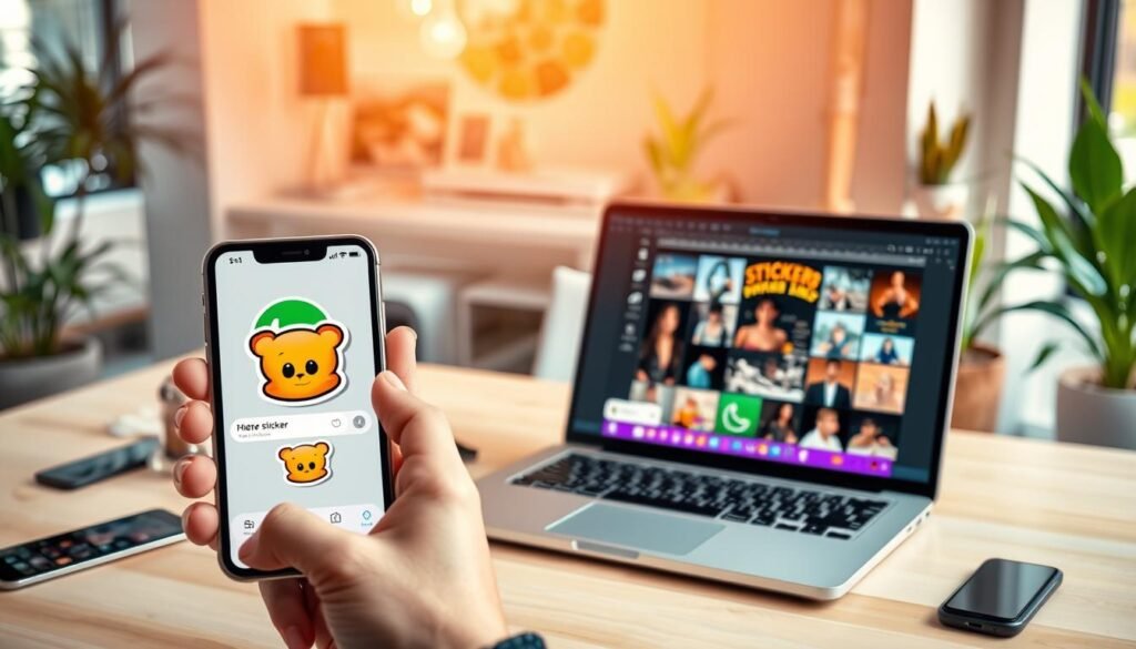 A vibrant workspace featuring a smartphone displaying the WhatsApp application with a lively sticker interface. In the foreground, a hand gently holding the phone, showcasing a vivid sticker of a cute animal, perhaps a cartoon cat or dog. In the middle, an open laptop with graphic design software visible, featuring tools and icons for photo editing, with images of various photos ready to be turned into stickers. The background has a softly lit modern office environment, with warm natural light streaming in through a window, plants adding a touch of greenery. The mood is creative and inviting, with an emphasis on technology and artistry, conveying the ease of converting photos into stickers for WhatsApp. No text or overlays are included.