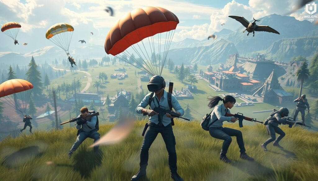 A visually captivating digital artwork showcasing a dynamic scene of eight low-spec battle royale games for PC. In the foreground, feature an abstract representation of iconic gameplay elements like parachutes, battle arenas, and weapon icons, stylized with vibrant colors. The middle ground includes stylized characters in modest casual clothing engaging in gameplay on low-end PCs, immersed in action and excitement. The background depicts a diverse landscape featuring game-inspired environments, like lush forests, urban battlefields, and alien terrains, each representing different game settings. Soft, dramatic lighting creates an engaging atmosphere, highlighting the adrenaline of competitive gaming. The angle is slightly from above, providing a broad view of the dynamic elements and giving a sense of movement and energy.