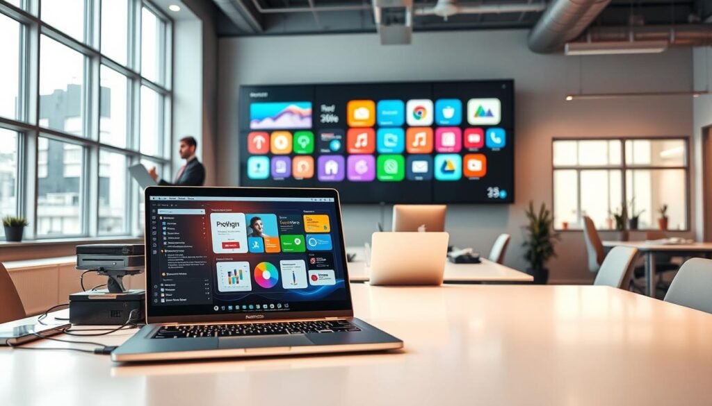 A visually engaging office scene showcasing the concept of "software all-in-one." In the foreground, a sleek, modern desk is cluttered with a high-tech laptop displaying various software interfaces and applications, symbolizing versatility. To the left, a person in professional business attire is interacting with a virtual presentation, illustrating collaboration. In the middle space, a large digital screen displays colorful icons representing different software functionalities, like project management, communication, and data analysis. The background features large windows letting in soft natural light, creating a bright and open atmosphere. The overall mood is one of productivity and innovation, emphasizing the benefits of an all-in-one software solution. Use a wide-angle lens to capture the dynamic layout and ensure clarity and focus on the software themes.
