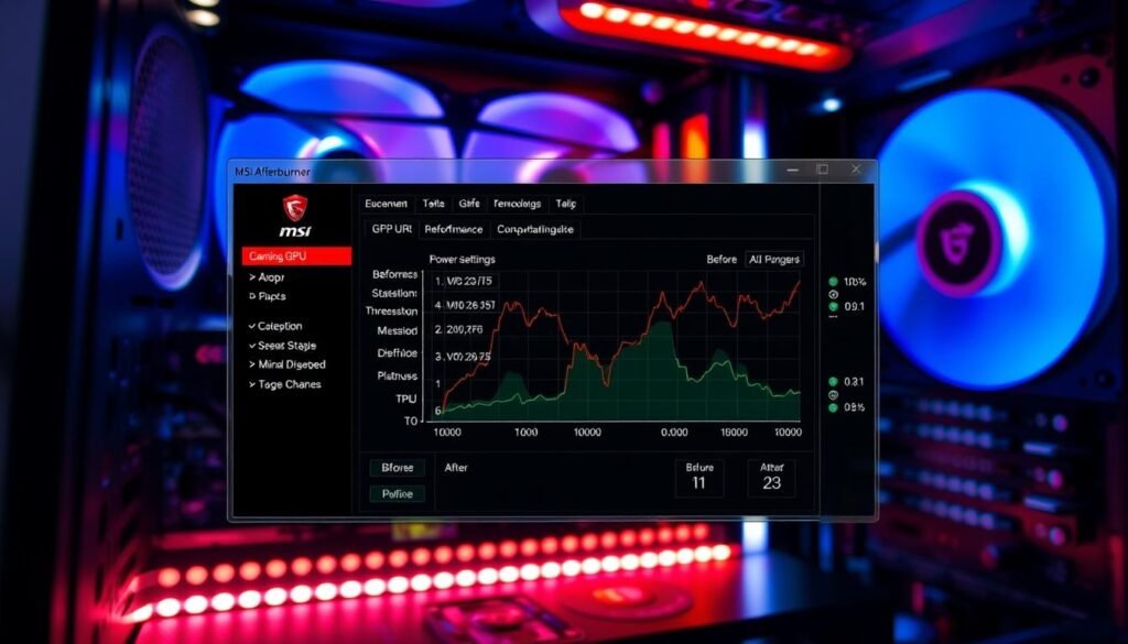 A visually engaging screenshot illustrating the process of undervolting a GPU using MSI Afterburner, featuring a vibrant, detailed depiction of the software interface. In the foreground, a clear view of the MSI Afterburner application window should display specific settings such as voltage curves and power limits, highlighted in a user-friendly manner. The middle section should include a graphical representation of a GPU performance graph, showing before and after undervolting stats. In the background, dimly lit computer hardware, such as a gaming PC with visible components like fans and a GPU, adds depth. The lighting should be soft and ambient, creating a focused, instructional mood that emphasizes clarity and understanding.
