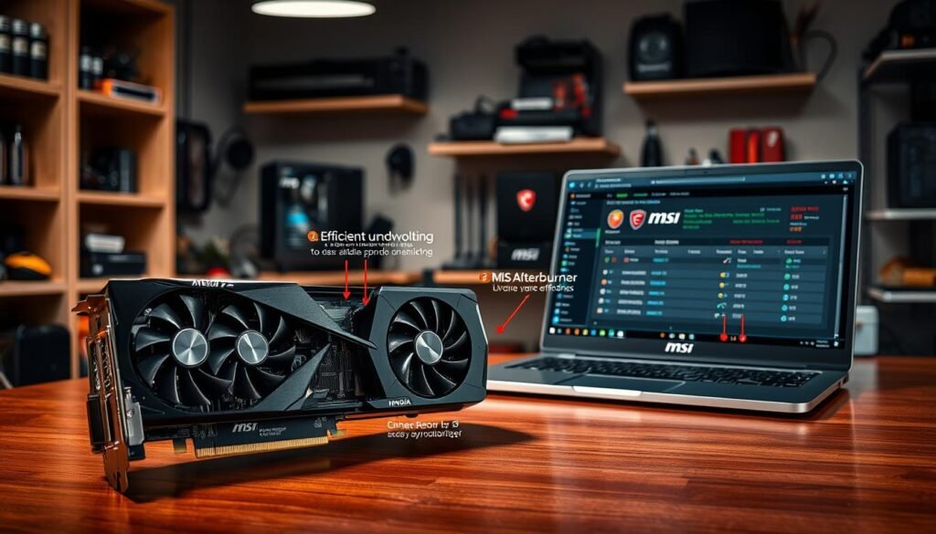 A visually striking and informative image depicting advanced GPU undervolting tips for PC enthusiasts. In the foreground, a sleek, high-end NVIDIA graphics card sits atop a polished wooden desk, partially disassembled to reveal its internal components with detailed annotations highlighting key areas for modifications. In the middle ground, an open laptop screen displays the MSI Afterburner interface with efficient undervolting settings prominently featured. The background features a softly lit tech workspace, with shelves of computer hardware tools and components in muted colors, contributing to a focused, tech-savvy atmosphere. Soft overhead lighting casts gentle shadows, enhancing the technical details. The overall mood is one of innovation and expertise, inviting viewers to explore advanced GPU tuning techniques.