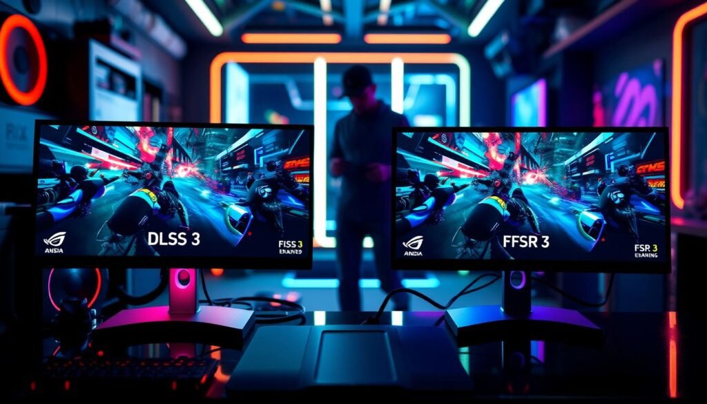 A visually striking comparison of gaming visuals, showcasing the differences between DLSS 3 and FSR 3. In the foreground, a high-performance gaming PC with glowing RGB components and dual monitors displaying side-by-side screenshots from a vibrant, action-packed game scene, one screen labeled DLSS 3 with enhanced details, and the other labeled FSR 3 exhibiting a slightly different texture quality. The middle ground features a blurred but recognizable gaming setup with stylish lighting that emphasizes the focus on the screens. In the background, a futuristic gaming environment with neon accents and a shadowy silhouette of a gamer in casual attire, deeply engaged in play. The lighting is dynamic, with reflections highlighting the clarity and depth of both image outputs. The mood is intense and immersive, reflecting the excitement of modern PC gaming.