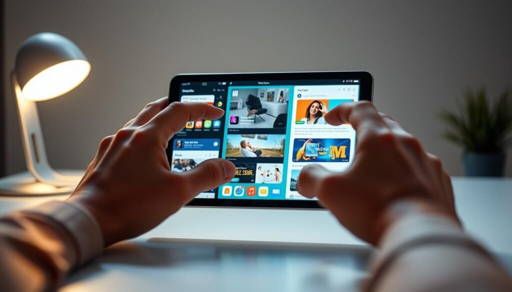 A well-lit, dynamic scene depicting a person multitasking on an iOS device. The foreground shows hands deftly navigating between multiple app windows, each displaying engaging content. The middle ground features the device, its screen showcasing a vibrant, responsive interface with smooth transitions between tasks. The background subtly hints at a modern, minimalist workspace, creating a sense of focus and productivity. Lighting is natural yet directional, casting subtle shadows that accentuate the tactile interaction. The overall atmosphere conveys a seamless, efficient multitasking experience that enhances productivity and user engagement.