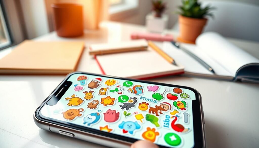Create a visually appealing image that showcases a vibrant iOS interface displaying creative and fun stickers designed for WhatsApp. In the foreground, feature an iPhone with a colorful array of stickers laid out on the screen, including cartoon characters, cute animals, and whimsical designs. In the middle, incorporate a soft-focused hand gently tapping on the stickers, emphasizing interaction. The background should depict a stylish, modern workspace with a warm, inviting atmosphere, including elements like a tidy desk, a notebook, and natural light streaming in from a window. Use bright, cheerful colors that evoke a sense of creativity and playfulness, capturing the essence of making eye-catching stickers on iOS. The lighting should be bright and soft, highlighting the details of the stickers and the phone.