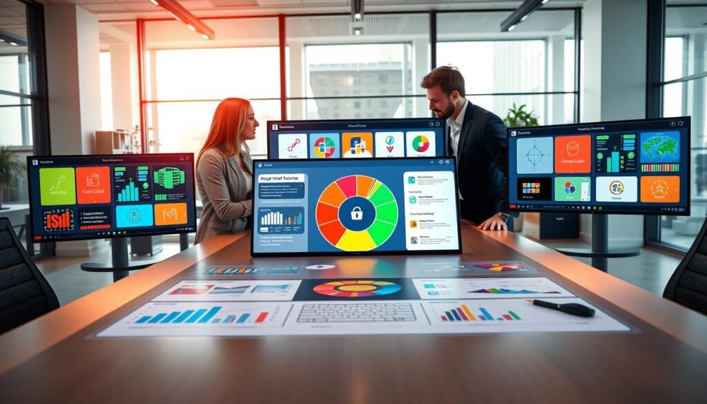 In a modern office setting, a professional female and male team are gathered around a sleek conference table, analyzing various software choices displayed on multiple digital screens. The foreground showcases vibrant charts and icons representing different software features. In the middle, a colorful pie chart and flow diagrams highlight important criteria for selecting software, such as usability, compatibility, and cost. The background features a bright and airy office space with large windows letting in natural light, enhancing focus and productivity. The mood is collaborative and focused, with warm lighting creating an inviting atmosphere. Capture the scene from a slightly elevated angle, emphasizing the teamwork and strategic discussions happening.