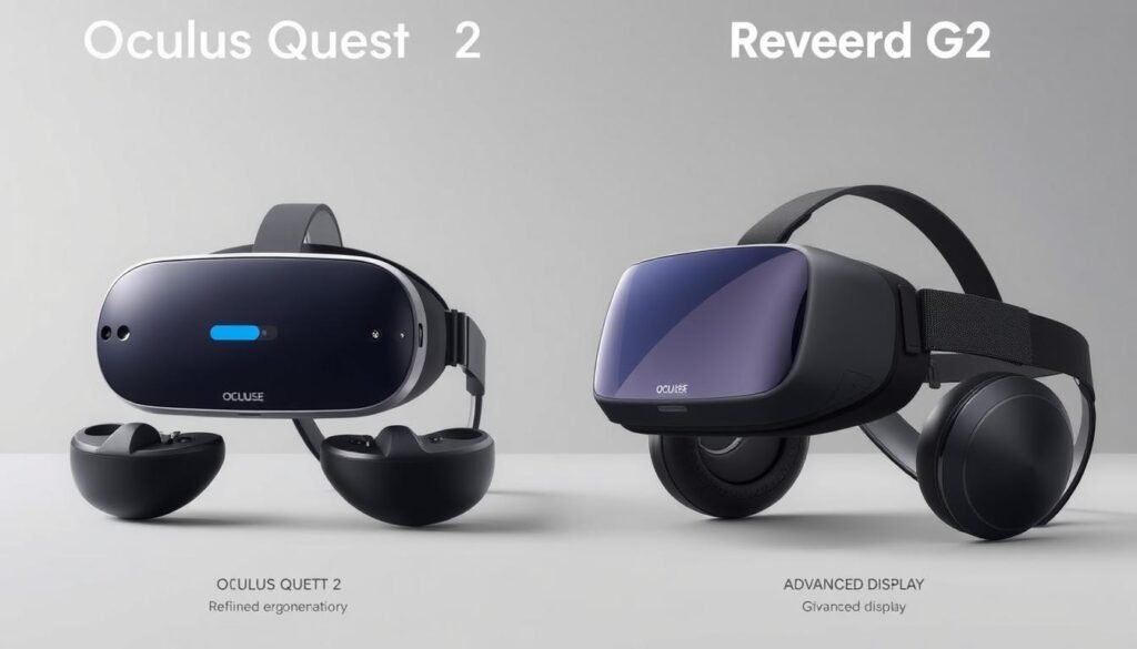 Perbandingan Oculus Quest 2 dan Reverb G2, showcasing their performance side-by-side in a detailed technical illustration. The Oculus Quest 2 takes center stage, its sleek design and controllers prominently displayed. Alongside it, the Reverb G2 appears, its refined ergonomics and advanced display technology highlighted. The background features a muted, minimalist setting, allowing the devices to stand out. Intricate details, such as the texture of the materials, the lighting conditions, and the camera angles, combine to create a comprehensive visual comparison of these two prominent VR headsets. The overall tone is one of objectivity and technical precision, allowing the viewer to easily assess the performance characteristics of each device.