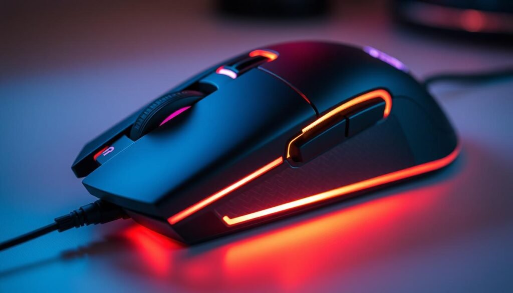 Performa Mouse Gaming A close-up view of a high-performance gaming mouse, illuminated by a soft, indirect lighting that accentuates its sleek, angular design. The mouse's surface is matte black, with subtle RGB lighting accents that emanate a warm, tactical glow. The intricate sensor and button assembly are visible, hinting at the mouse's precise tracking and lightning-fast responsiveness. The composition emphasizes the mouse's ergonomic shape and textured side grips, suggesting a comfortable, controlled grip during intense gaming sessions across a variety of genres. The background is slightly blurred, drawing the viewer's focus to the centerpiece - the mouse as the embodiment of gaming performance.