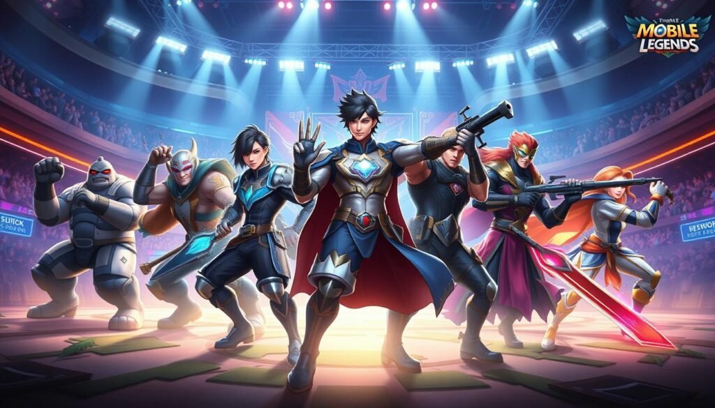 Strategi komposisi tim mobile legends, a highly detailed illustration showcasing an optimal team composition for Mobile Legends tournaments. In the foreground, five distinct hero characters in dynamic battle poses, each representing a key role in the team - tank, support, mage, marksman, and assassin. The middle ground features a vibrant, futuristic landscape with glowing neon highlights, hinting at the high-tech, esports environment. The background depicts an arena-like setting, with spectators and spotlights creating an intense, competitive atmosphere. Dramatic lighting illuminates the scene, casting dramatic shadows and highlighting the heroes' abilities. Rendered in a photorealistic style with a cinematic, high-contrast color palette to convey the strategic depth and intensity of Mobile Legends team composition.
