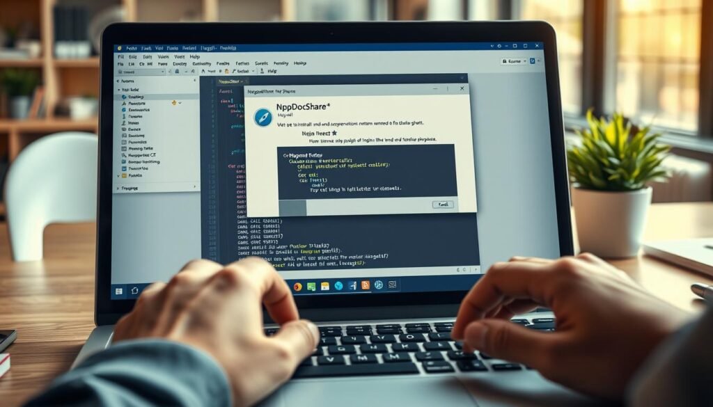 A beautifully detailed workspace featuring a laptop screen displaying the Notepad++ interface with the NppDocShare plugin installation process. In the foreground, a pair of hands are carefully navigating the installation on the laptop, showcasing professionalism with fingers poised over the keyboard. The middle layer includes a close-up of the Notepad++ window, highlighting the collaboration features with vivid icons and buttons. The background is softly blurred, depicting a modern office environment with a desk adorned with stationery and a small plant for a touch of greenery. The lighting is bright and warm, creating an inviting atmosphere, with a slight focus on the laptop screen to draw attention to the plugin installation. This image captures the essence of technical collaboration in a professional setting.