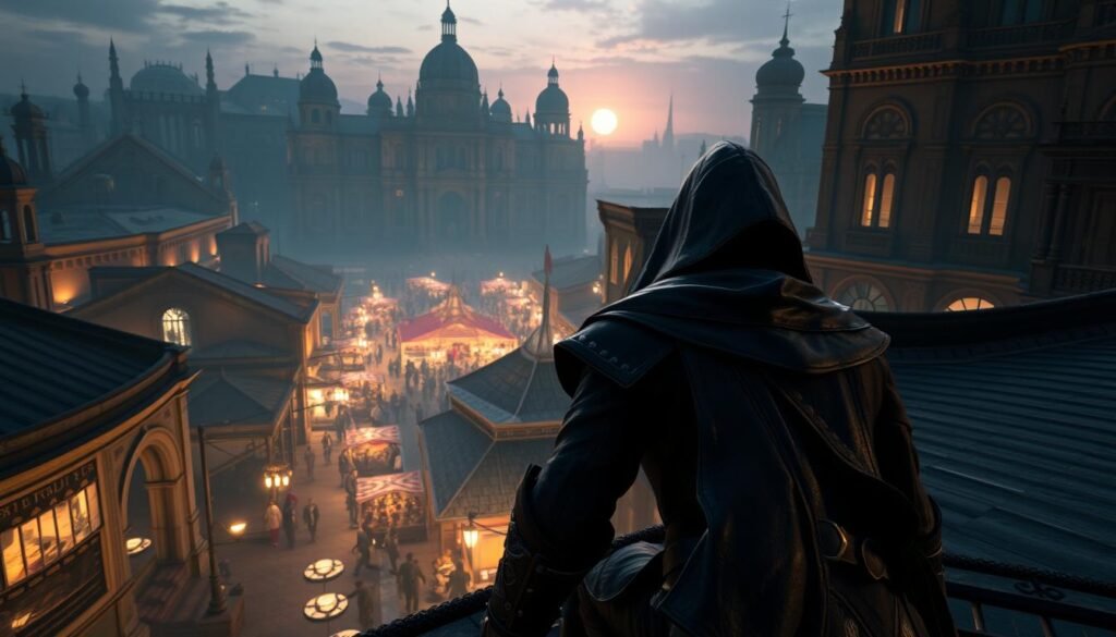 A bustling cityscape at dusk, showcasing the stealth gameplay of "Assassin's Creed Shadows." In the foreground, a cloaked assassin crouches on a rooftop, gazing down at the street below, ready to execute a mission. The assassin's attire features intricate details in dark leather, with a hood casting a shadow over their face for a mysterious look. In the middle ground, illuminated by the warm glow of street lamps, a vibrant marketplace bustles with NPCs dressed in period-appropriate clothing, creating a lively yet perilous atmosphere. The background displays stunning architecture, blending gothic and renaissance styles, illuminated by a fading sun in the background, creating dramatic shadows. The overall mood is tense and thrilling, emphasizing the stealth and strategy of navigating this immersive world. The scene is captured with a slight low-angle perspective to enhance the height and depth of the environment, bathed in soft twilight lighting.