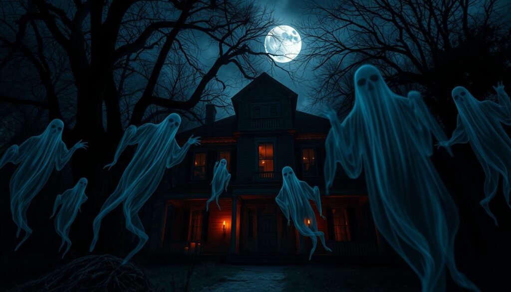 A chilling haunted house experience featuring eerie ghostly apparitions in the foreground, floating and flickering with visual sound waves, showcasing their spectral forms. The middle ground reveals a dimly lit, decaying interior of an old mansion, complete with cobwebs and flickering candlelight casting ominous shadows. The background features dark, looming trees and a moonlit sky, enhancing the supernatural atmosphere. Use low, dramatic lighting to create stark contrasts and achieve a haunting glow. Capture this scene with a wide-angle lens to emphasize the expansive, unsettling environment. The overall mood should be suspenseful and enthralling, making viewers feel a part of the thrilling horror attraction, evoking a sense of both fear and curiosity.