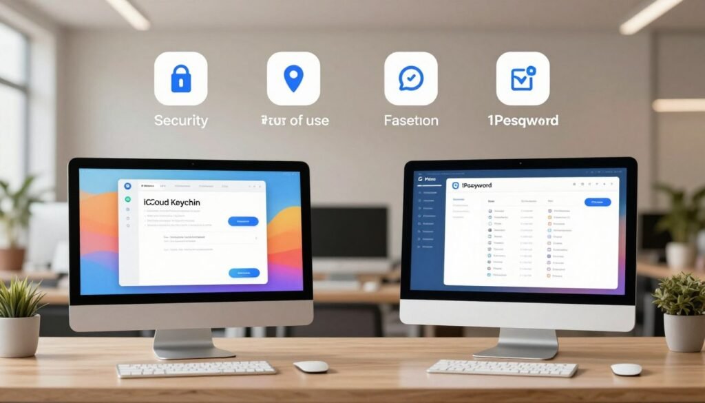 A clean, modern digital workspace showcasing a vivid comparison of password management features between iCloud Keychain and 1Password. In the foreground, display two sleek, stylized desktop screens, one showing the iCloud Keychain interface and the other showcasing the 1Password dashboard, both with colorful, user-friendly graphics. In the middle ground, include visually appealing icons highlighting key features like security, ease of use, and integration options, arranged in a balanced and harmonious layout. The background should feature a soft-focus office environment with warm, professional lighting, enhancing a sense of productivity and security. Use a shallow depth of field to keep the focus sharp on the password managers while maintaining an inviting atmosphere.