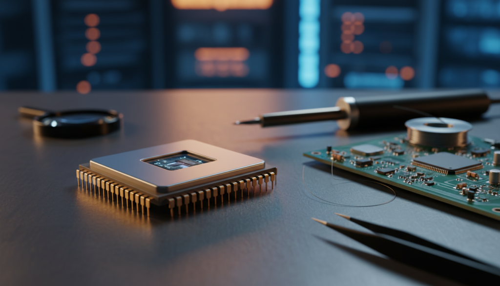 A close-up depiction of an Intel 4004 microprocessor on a sleek, minimalist workbench. In the foreground, the shiny, intricate details of the 4-bit processor are highlighted, showcasing its metallic pins and circuitry. The middle layer features technology-related tools such as a soldering iron and an open circuit board, symbolizing innovation and development in computing. The background is softly blurred with a subtle glow effect to suggest a modern tech environment. The lighting is warm and focused, casting gentle shadows that emphasize the processor's contours. The atmosphere conveys a sense of nostalgia and significance, bridging historical computing with today’s technology advancements. A close-up depiction of an Intel 4004 microprocessor on a sleek, minimalist workbench. In the foreground, the shiny, intricate details of the 4-bit processor are highlighted, showcasing its metallic pins and circuitry. The middle layer features technology-related tools such as a soldering iron and an open circuit board, symbolizing innovation and development in computing. The background is softly blurred with a subtle glow effect to suggest a modern tech environment. The lighting is warm and focused, casting gentle shadows that emphasize the processor's contours. The atmosphere conveys a sense of nostalgia and significance, bridging historical computing with today’s technology advancements.