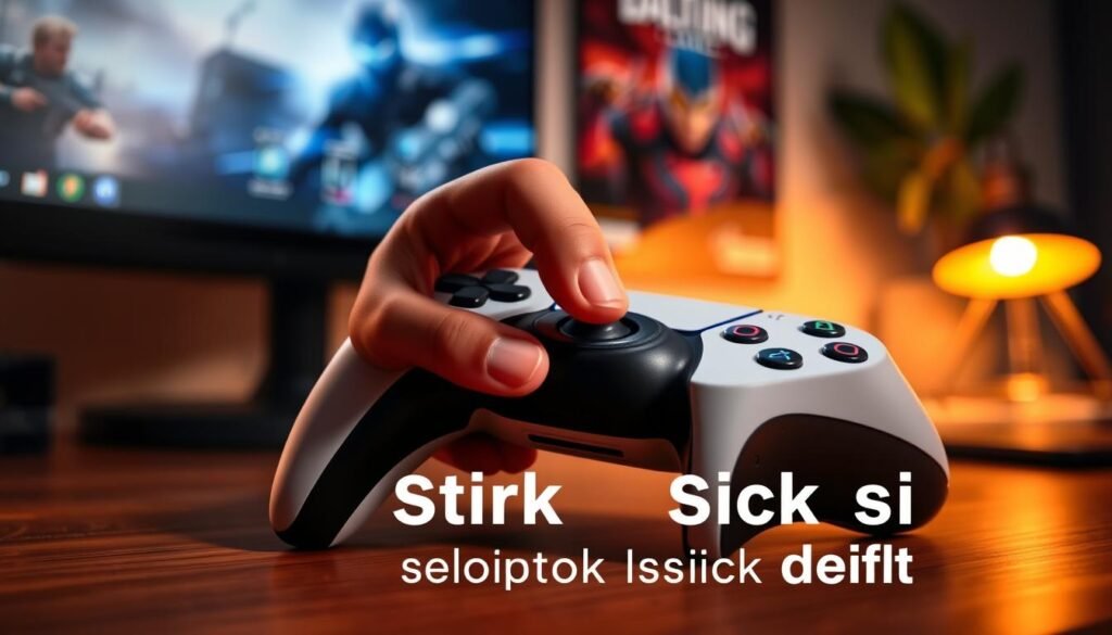 A close-up image of a PS5 controller highlighted on a wooden desk, showcasing a person’s hand gently gripping the controller. The thumb is positioned over the joystick, which is slightly tilted, indicating stick drift. The background features soft-focus gaming posters and dim lighting that creates a cozy atmosphere. A soft glow from a nearby lamp casts warm tones, enhancing the inviting mood. The focus is sharp on the controller and hand, with a shallow depth of field. The scene conveys a mix of frustration and determination, capturing the essence of finding a quick solution to stick drift issues.