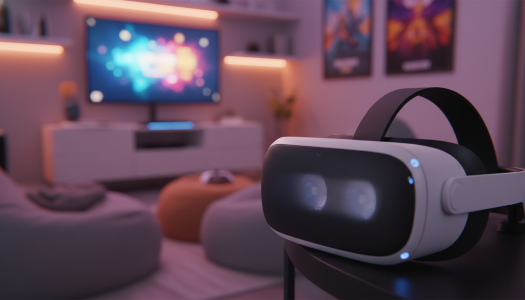 A close-up of a PSVR2 headset displayed prominently in the foreground, with a subtle blur effect applied to the lenses, emphasizing the theme of clarity versus blur. Soft, diffused lighting gently highlights the sleek design of the headset, creating a warm and inviting atmosphere. In the middle ground, a softly focused view of a gaming setup with a blurred screen showing vibrant colors, symbolizing the struggle against eye strain and unclear visuals. The background features a cozy gaming room, adorned with dim ambient lighting and plush seating, evoking a sense of comfort while engaging in VR gaming. The overall mood is serene, encouraging gamers to enjoy their experience without tension.
