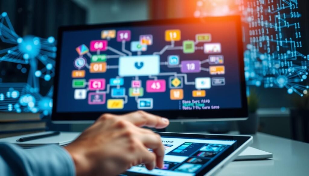 A close-up of a computer screen displaying a colorful flowchart illustrating the concept of software, with various icons representing applications, operating systems, and programming languages. In the foreground, a hand is interacting with a tablet showcasing digital graphics and code snippets. The middle layer features a blurred workspace with a laptop and notebooks, giving a professional atmosphere. In the background, there are abstract representations of digital networks and binary code, subtly illuminated by soft blue and white lighting to create a modern tech vibe. The angle is slightly tilted to provide depth, conveying an atmosphere of innovation and creativity around software development.