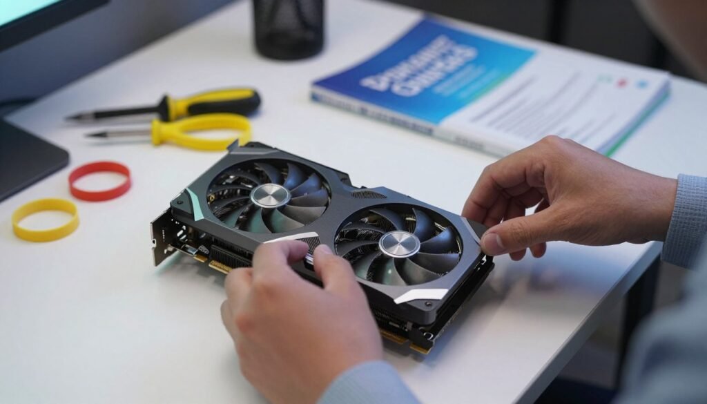 A close-up of a modern graphics card being installed into a gaming PC case, featuring sharp details like the cooling fans and intricate circuitry. In the background, a well-lit workspace with tools such as screwdrivers, anti-static wristbands, and a guidebook on graphics card installation can be seen. Soft, ambient lighting creates a focused atmosphere that emphasizes professionalism and technical expertise. The angle is slightly above the hardware, capturing the fingers of a person in business casual attire carefully aligning the card into the PCIe slot, showcasing the importance of precision in installation. No text or logos present, just a clean, informative composition reflecting the theme of installation tips.