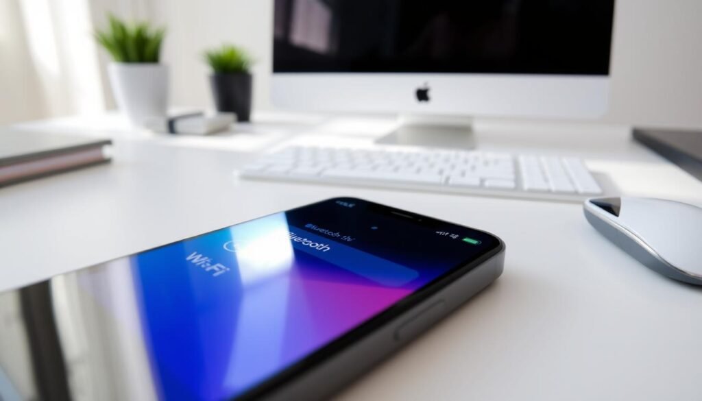 A close-up of a modern smartphone interface displaying the Bluetooth and Wi-Fi settings screens, with vibrant colors and clear icons. In the foreground, the phone screen shows toggle buttons for Bluetooth and Wi-Fi highlighted for emphasis. The middle layer features a sleek, minimalist desk setup with a hint of natural light reflecting off the device, creating a tech-savvy atmosphere. The background is softly blurred, showcasing a modern workspace with a neutral color palette, enhancing the focus on the smartphone. The scene evokes a sense of clarity and professionalism, ideal for a guide on troubleshooting settings. The overall mood is calm and focused, reflecting problem-solving in technology.