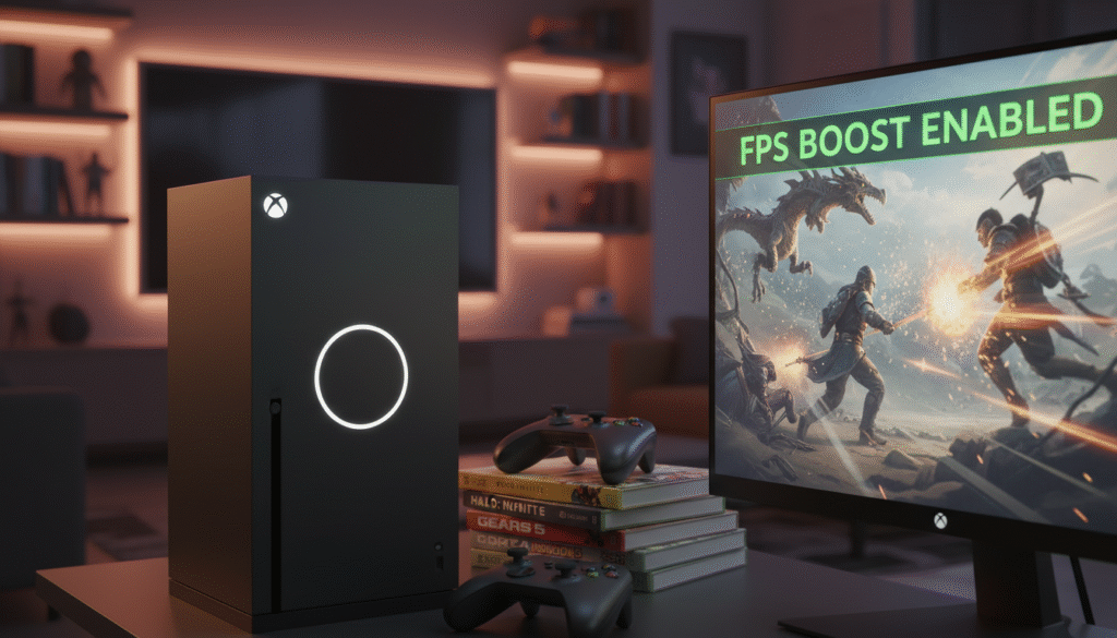 A close-up of an Xbox Series console, showcasing the sleek design and distinctive logo, illuminated by soft, dynamic lighting that highlights the console's premium finish. In the foreground, game graphics are displayed on a high-resolution screen, illustrating an action-packed scene from a classic game, visually enhanced to emphasize the smooth performance enabled by FPS Boost technology. The middle ground features a small gaming setup with controllers and an array of colorful game cases, creating an inviting atmosphere. The background fades into a blurred, modern living room setting with ambient lighting that sets a relaxed yet exciting mood. The focus is sharp on the console and screen, evoking the innovation and technical sophistication behind the FPS Boost feature. A close-up of an Xbox Series console, showcasing the sleek design and distinctive logo, illuminated by soft, dynamic lighting that highlights the console's premium finish. In the foreground, game graphics are displayed on a high-resolution screen, illustrating an action-packed scene from a classic game, visually enhanced to emphasize the smooth performance enabled by FPS Boost technology. The middle ground features a small gaming setup with controllers and an array of colorful game cases, creating an inviting atmosphere. The background fades into a blurred, modern living room setting with ambient lighting that sets a relaxed yet exciting mood. The focus is sharp on the console and screen, evoking the innovation and technical sophistication behind the FPS Boost feature.