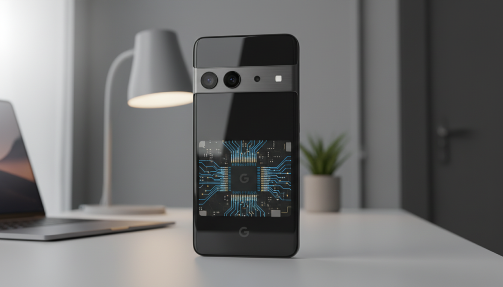 A close-up of the Google Pixel 10 Pro smartphone, showcasing its sleek design with a smooth glass back and an elegant camera setup. The foreground features intricate details of the Tensor G5 chip partially visible behind the transparent casing, emphasizing the advanced technology. The background includes a modern workspace with soft lighting that enhances the focus on the phone, creating a professional atmosphere. A shallow depth of field blurs the surroundings slightly, guiding the viewer's attention to the Pixel 10 Pro. The image is brightly lit from the left, adding a dynamic contrast to the shadows, and captures the essence of innovation and sophistication in smartphone design.