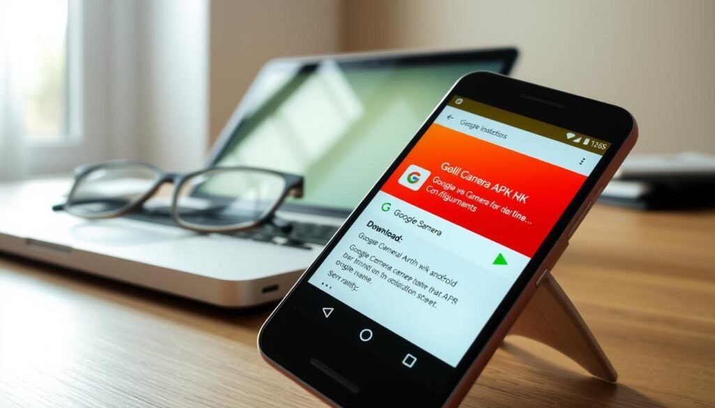 A close-up shot of a smartphone displaying an interface for downloading the Google Camera APK and XML configuration files. In the foreground, the phone screen shows a vibrant, user-friendly download page with clearly defined icons and file names. In the middle ground, a laptop with a soft glow emanating from it, suggesting digital activity and research, with a pair of glasses resting beside it to indicate focus on the task. The background is softly blurred, featuring a desk environment, perhaps a wooden texture, giving a warm and inviting atmosphere. Natural light filters through a window, creating a calm and productive mood. Overall, the composition emphasizes technology, downloading, and a sense of urgency in the pursuit of the right files for optimal camera performance.