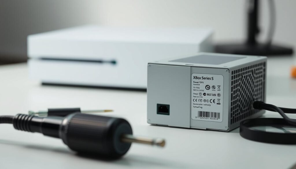 A close-up shot of an Xbox Series S power supply, set on a clean, white desk. The power supply is illuminated by soft, diffuse lighting, highlighting its specifications and model numbers clearly visible on the side. In the background, a blurred-out Xbox Series S console is positioned to the left, creating a contextual framing. The workspace features a few tools like a small screwdriver and a magnifying glass to imply the process of checking specifications. The atmosphere is focused and professional, suggesting a technical setting, while the colors remain neutral and minimalistic, ensuring the power supply remains the focal point of the image. Capture from a slightly angled top-down perspective to showcase both the power supply and tools effectively.