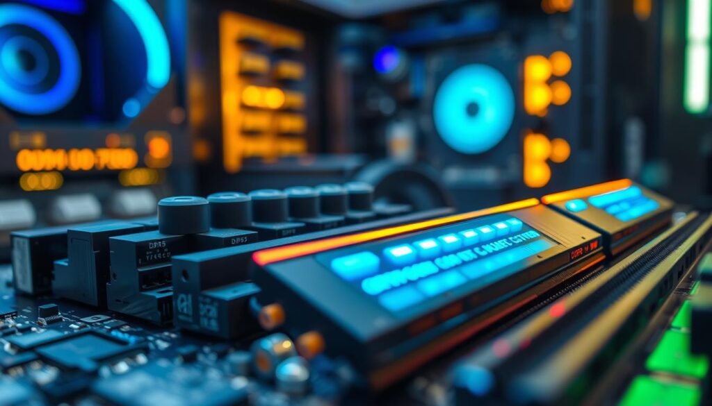 A close-up view of a computer motherboard displaying DDR5 memory modules, emphasizing their power management features. In the foreground, highlight sleek, modern RAM sticks with glowing LED lights to indicate active power modulation. The middle ground should include detailed circuitry, capacitors, and power connectors, showcasing intricate technology. In the background, a blurred out, high-tech workstation environment with a subtle blue and green ambient lighting, suggesting a futuristic atmosphere. The scene is illuminated with a soft, diffused light to create a professional and clean look, captured from a low-angle perspective that adds depth and focus to the RAM and motherboard features. The overall mood conveys innovation and cutting-edge technology.