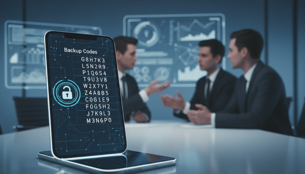 A close-up view of a detailed digital interface displaying a "Backup Code" feature, highlighting a series of alphanumeric codes arranged neatly in a well-organized format. The foreground showcases a sleek smartphone screen with an illuminated digital lock icon, exuding a high-tech vibe. In the middle layer, there are blurred silhouettes of people engaging in a discussion about online security in a modern office environment, emphasizing the importance of two-factor authentication. In the background, soft ambient lighting creates a professional and secure atmosphere, with a gradient of blue and white hues. The overall mood is serious yet empowering, underscoring the theme of safety and preparedness in digital security without any text or overlays.