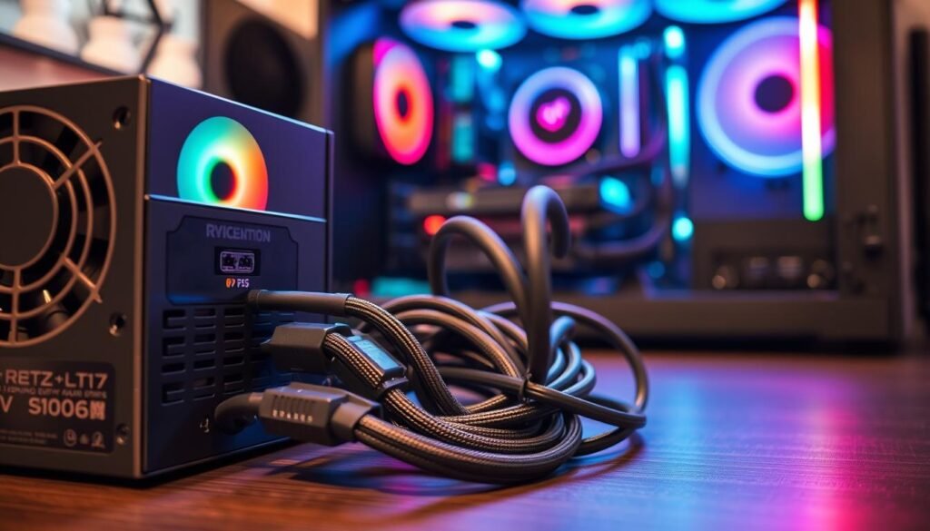 A close-up view of a high-quality power supply unit (PSU) designed for gaming, specifically a 500W non-modular 80+ Bronze model. The foreground should prominently feature the PSU with visible connectors for an RTX 4060 graphics card and a Ryzen 7 processor, showcasing detailed cable management. In the middle ground, display an array of power cables coiled neatly, emphasizing the importance of connector types and compatibility. The background should softly blur a modern gaming PC setup, illuminated by RGB lighting, creating a tech-savvy ambiance. The lighting should be dynamic, with highlights capturing the PSU's metallic finish and a slight reflection on a sleek desk surface. The atmosphere should evoke excitement and innovation in gaming technology.