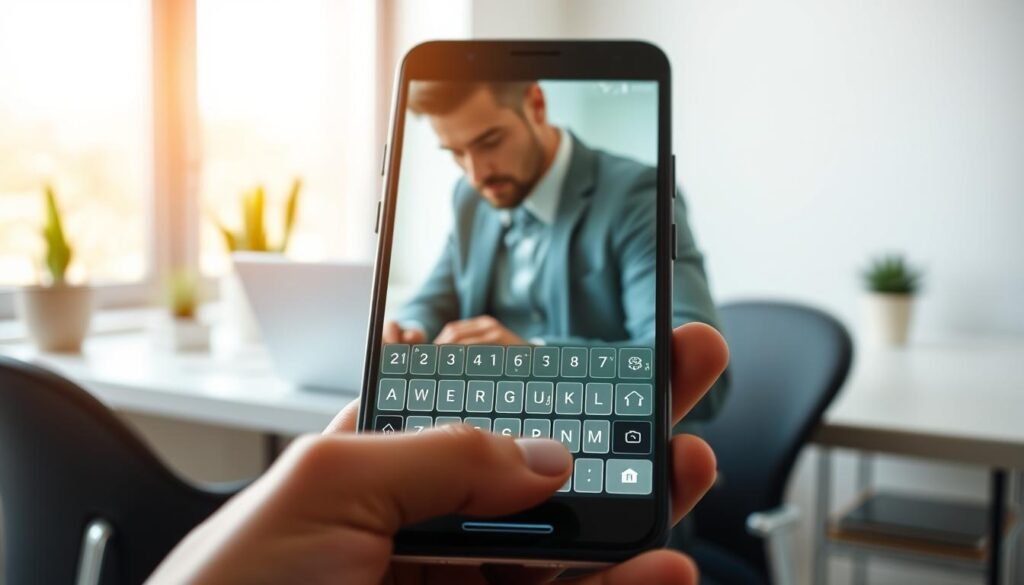 A close-up view of a modern Android smartphone displaying a vibrant, sleek shortcut keyboard interface. The foreground features beautifully illustrated keys with symbols indicating various shortcuts, glowing softly. In the middle section, the phone is held by a well-dressed professional at a stylish desk, engaged in typing. The background consists of a bright, minimalistic office environment with soft-focus elements, like potted plants and a laptop, emphasizing productivity. Soft, natural lighting pours in from a window, creating a warm atmosphere conducive to efficiency. The overall mood is focused and inspiring, highlighting the theme of enhanced productivity through smart technology.