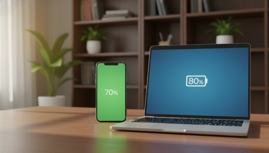 A close-up view of a modern smartphone and a laptop side by side on a wooden desk, showcasing their battery icons with vibrant colors indicating charge levels. In the foreground, the smartphone has a visible battery percentage of 70%, while the laptop shows 80%. Soft ambient lighting illuminates the scene from a nearby window, creating a warm and inviting atmosphere. The background features a blurred view of a cozy office space, with bookshelves and plants, enhancing the sense of productivity and daily use. The focus is sharp on the devices, with a shallow depth of field emphasizing their modern design. The overall mood is one of efficiency and usability, reflecting real-life battery endurance.