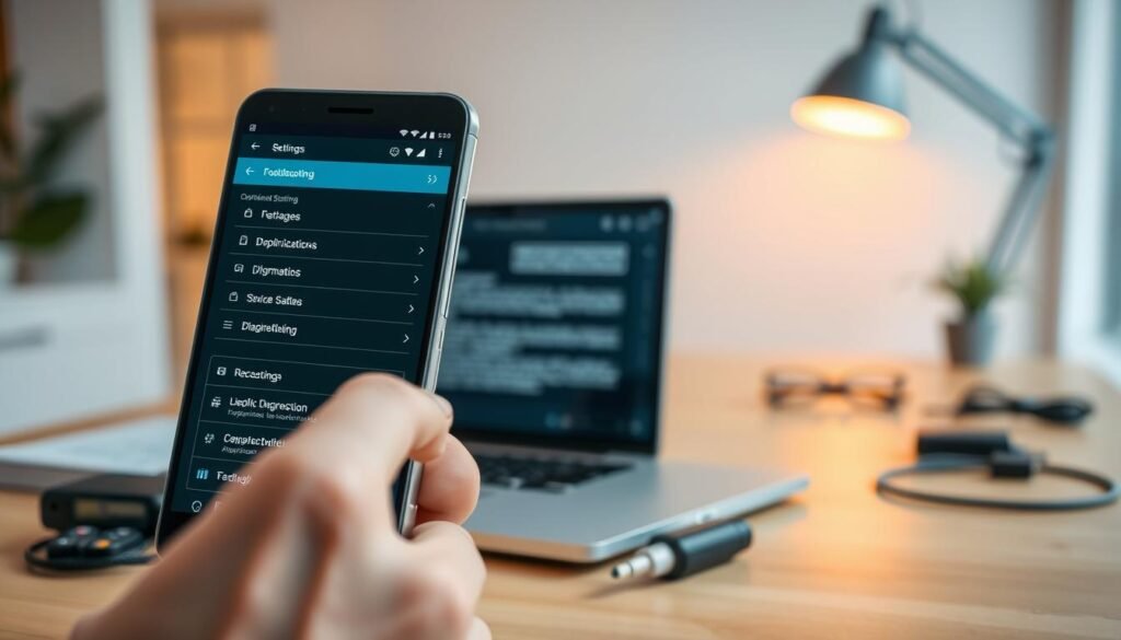 A close-up view of a sleek Android smartphone displaying a technical interface for optimization and troubleshooting. In the foreground, fingers skillfully navigate the screen, highlighting settings and diagnostics. The middle ground features a modern workspace with tools and gadgets like a laptop, USB cables, and a diagnostic tool, reflecting efficiency and expertise. The background is softly blurred, showing a minimalistic, contemporary office with warm lighting, creating a focused atmosphere. The overall mood is professional and tech-savvy, with an emphasis on clarity and problem-solving in the realm of Android optimization. The image captures the essence of troubleshooting in a high-tech environment.