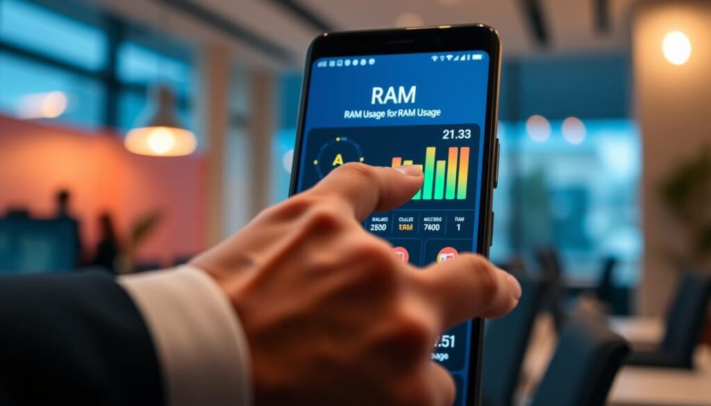 A close-up view of an Android 14 smartphone screen displaying the RAM usage interface in a sleek, modern design. The foreground features a realistic digital representation of the RAM monitoring panel, showcasing colorful graphical elements and numerical data reflecting RAM usage. In the middle ground, a person's hand in a professional business outfit interacts with the screen, tapping on various icons, demonstrating user engagement. The background is a softly blurred office environment with warm lighting, creating a professional atmosphere. The composition should be shot from a slightly elevated angle to emphasize the device and details on the screen, while maintaining clarity and focus on the RAM usage metrics. The overall mood is tech-savvy and informative, perfect for an article on Android management.