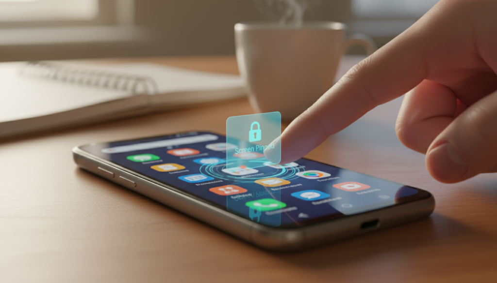 A close-up view of an Android smartphone displaying a vibrant screen pinning feature in action. The foreground features a finger gently tapping on a pinned app icon, surrounded by a semi-transparent overlay indicating the pinning process. In the middle ground, the smartphone sits atop a sleek wooden table, with a blurred coffee cup and notebook adding a cozy, focused atmosphere. The background is softly lit, emphasizing the device’s screen, with warm, inviting lighting that evokes a sense of security and privacy. The overall mood conveys clarity and concentration, ideal for a tech-focused article. The layout should include subtle hints of personal space, symbolizing safe lending and focused use.