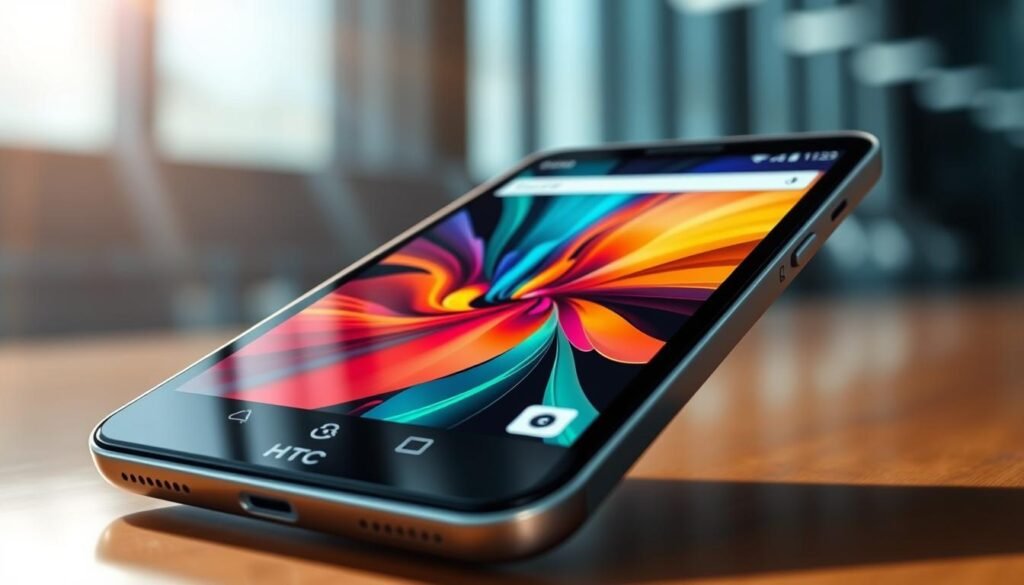 A close-up view of an HTC smartphone displaying the Super LCD 2 screen, highlighted under bright, natural light to showcase its vibrant color accuracy and sharpness. The foreground features the smartphone angled slightly, with reflections off the Gorilla Glass surface emphasizing its protective qualities. In the middle, focus on the vivid display showing a colorful abstract graphic that demonstrates the display's capability. The background is blurred, hinting at a modern, tech-savvy environment, perhaps with subtle elements that suggest innovation, like soft shadows of circuits or modern design elements. The overall mood is professional and futuristic, perfect for a tech review setting, capturing the essence of early Android versatility perfectly.