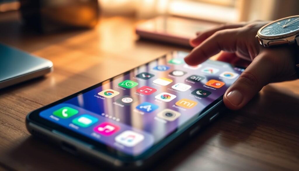 A close-up view of an elegantly organized iPhone home screen, showcasing a variety of app icons neatly arranged into folders. The foreground features the glowing screen with vibrant colors of the app icons in focus, while the middle ground displays a hand gently scrolling through the apps, adorned with a stylish watch. The background captures a soft-focus setting on a wooden desk, softly lit with warm natural light filtering in from a nearby window, creating a cozy atmosphere. The image conveys a sense of tranquility and order, emphasizing the idea of digital organization, suitable for a tech article.