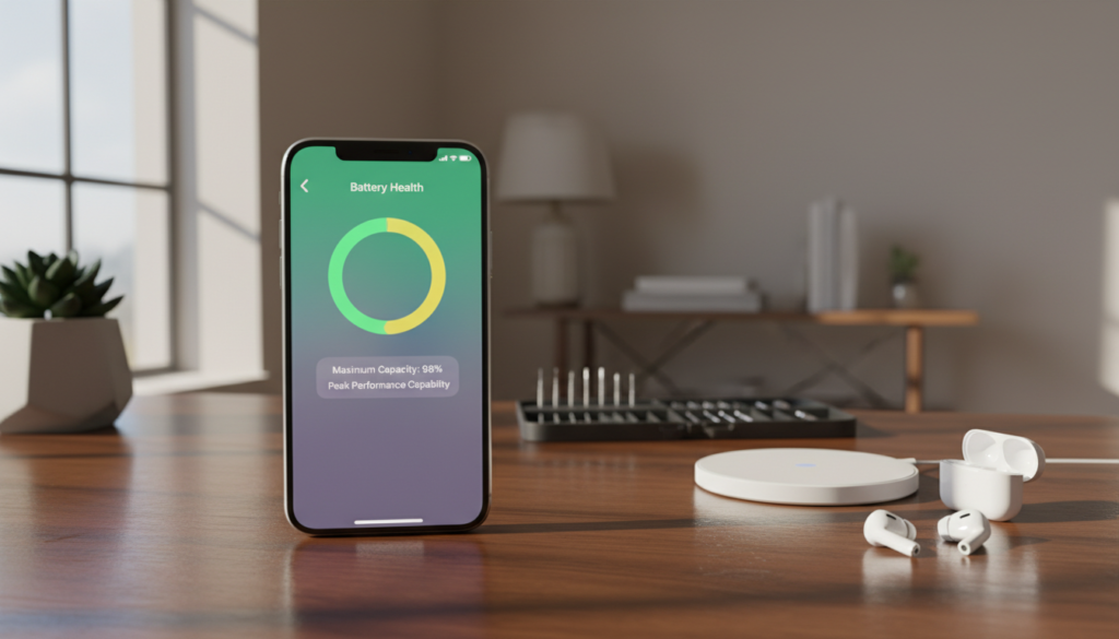 A close-up view of an iPhone battery health screen displaying vibrant green and yellow indicators, symbolizing optimal battery performance. In the foreground, a sleek, modern iPhone rests on a polished wooden desk, with sunlight streaming in from a nearby window, casting soft shadows. Surrounding the phone are subtle hints of a tech-savvy environment—a stylish wireless charger, a pair of wireless earbuds, and a small potted succulent. In the middle ground, blurred elements like a smartphone repair toolkit suggest maintenance practices. The background features a softly lit room with minimalistic decor, creating a calm, focused atmosphere. The overall mood is professional and inviting, encouraging viewers to consider battery care and longevity.