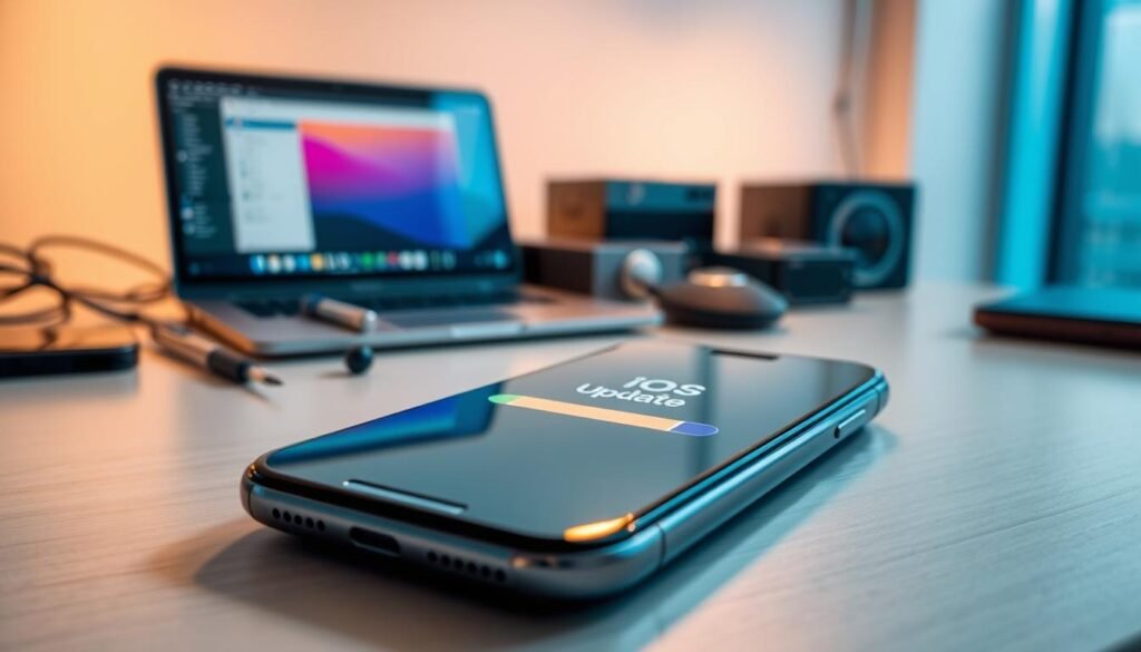 A close-up view of an iPhone displaying an iOS update screen, emphasizing the update process with a vibrant progress bar at the center. In the foreground, focus on the sleek design of the iPhone, showcasing its modern aesthetics with a smooth glass surface and soft reflections. The middle ground reveals a workspace with a laptop and tools symbolizing software maintenance, surrounded by neatly arranged tech gadgets. In the background, a blurred office setting with ambient lighting creates a professional atmosphere, suggesting innovation and advancement. The overall mood is focused and modern, conveying a sense of technological progress. Use warm, soft lighting to enhance the clarity of the screen while maintaining a sleek, professional ambiance.