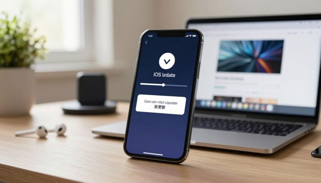 A close-up view of an iPhone displaying the iOS update screen, prominently featuring the progress bar and the notification for the new update. In the foreground, there is a stylish modern desk with an open MacBook showing a tech-oriented website. In the background, soft natural lighting filters through a window, creating a warm, inviting atmosphere. The scene is decorated with tech accessories like AirPods, a wireless charger, and a plant, suggesting a cozy yet professional workspace. The overall mood is focused and decisive, emphasizing the importance of preparation before an iOS update. Please ensure the image is clean and professional, with no text or watermarks included.