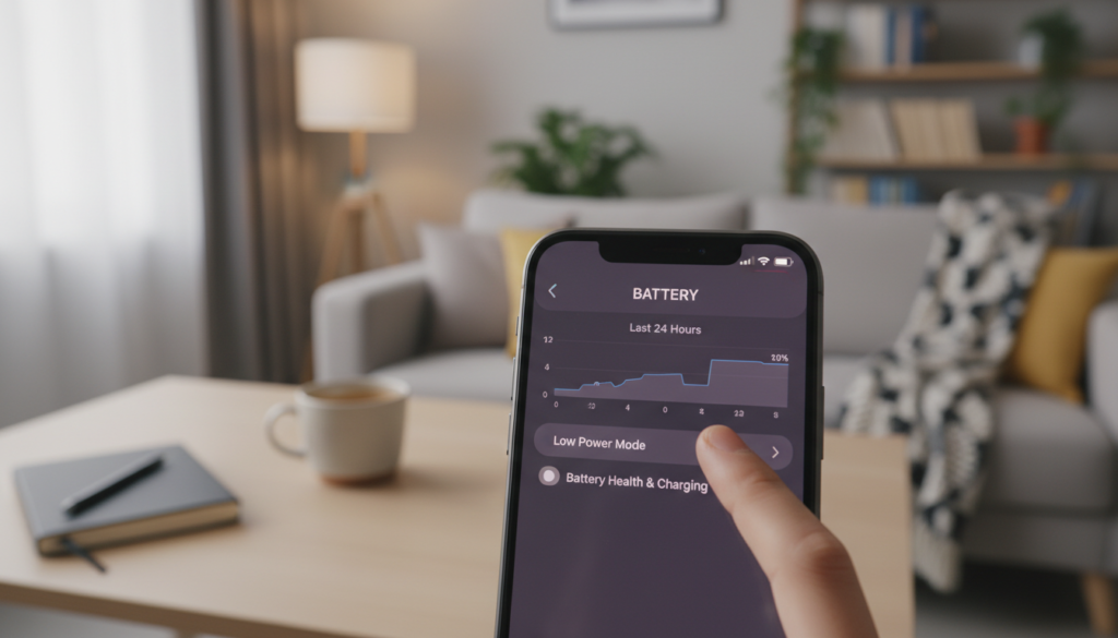 A close-up view of an iPhone screen displaying the battery settings menu in a modern, well-lit living room setting. The foreground features the iPhone prominently, with fingers poised to tap on the 'Battery Health' option. In the middle ground, a sleek desk with a notepad and a coffee cup adds an element of casual productivity. The background shows soft-focus elements of a stylish home environment, with warm lighting creating an inviting atmosphere. The scene conveys a sense of efficiency and modern life, emphasizing the importance of optimizing battery life. Use natural lighting to highlight the device, ensuring clarity without distractions or overlays.