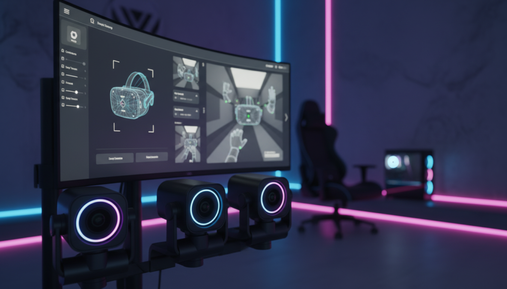 A close-up view of high-tech tracking cameras designed for virtual reality gaming, positioned in a modern gaming room. In the foreground, several sleek tracking cameras with LED lights glimmering softly, reflecting adjustments for optimal comfort. The middle layer showcases a user-friendly interface on a monitor displaying VR headset settings and tracking footage in real-time. In the background, a dimly lit room enhances the futuristic atmosphere, with soft blue and purple ambient lights casting gentle hues on the walls. The composition captures an inviting and tech-savvy environment, emphasizing the advanced technology essential for enhancing the VR experience. The lighting should create a cozy yet high-tech feel, perfect for immersing in virtual worlds without discomfort.
