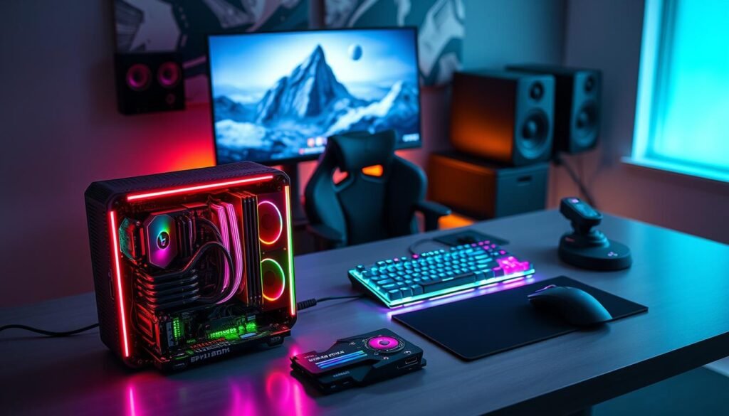 A compact gaming system setup featuring a Mini STX motherboard and an NVIDIA RTX 4060 Mobile graphics card, arranged on a sleek, modern desk. The foreground showcases the gaming system with a vibrant RGB-lit casing, highlighting intricate wiring and cooling solutions, while a high-resolution gaming monitor displays a stunning ray-traced scene at 90Hz. In the middle ground, a stylish chair complements the gaming theme, and a futuristic keyboard and mouse lie ready for action. The background features dim, atmospheric lighting, with subtle accents reflecting off a gaming-themed wall. The image captures a polished, high-tech vibe, emphasizing the synergy between powerful hardware and an elegant design, perfect for a gaming enthusiast's workspace.